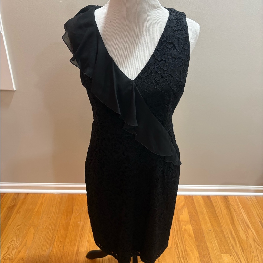 Sam Edelman Black One-Shoulder Lace Dress with Ruffle, Sz 8